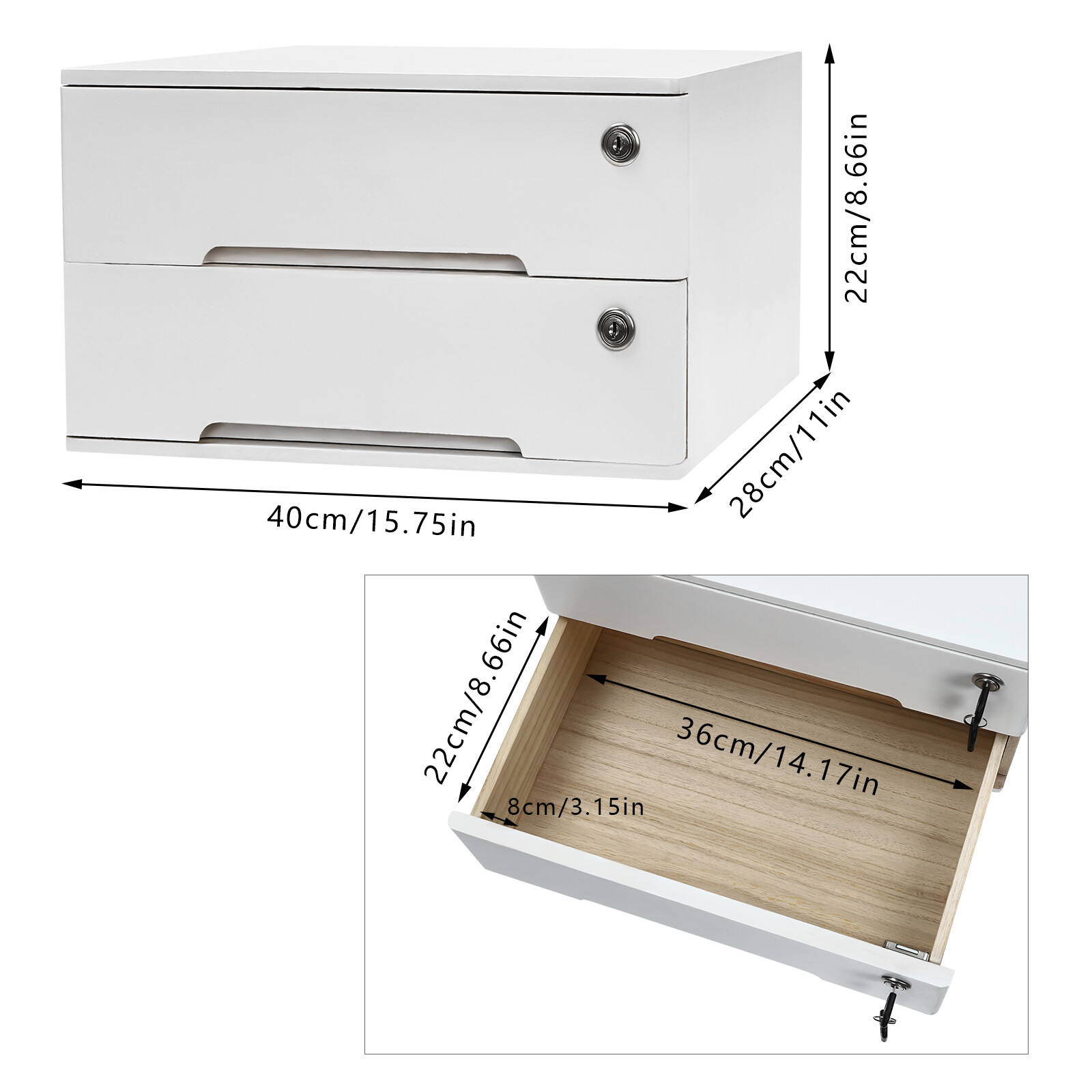 Compact Lockable 2-Drawer Wooden Desktop Storage Cabinet with Keys