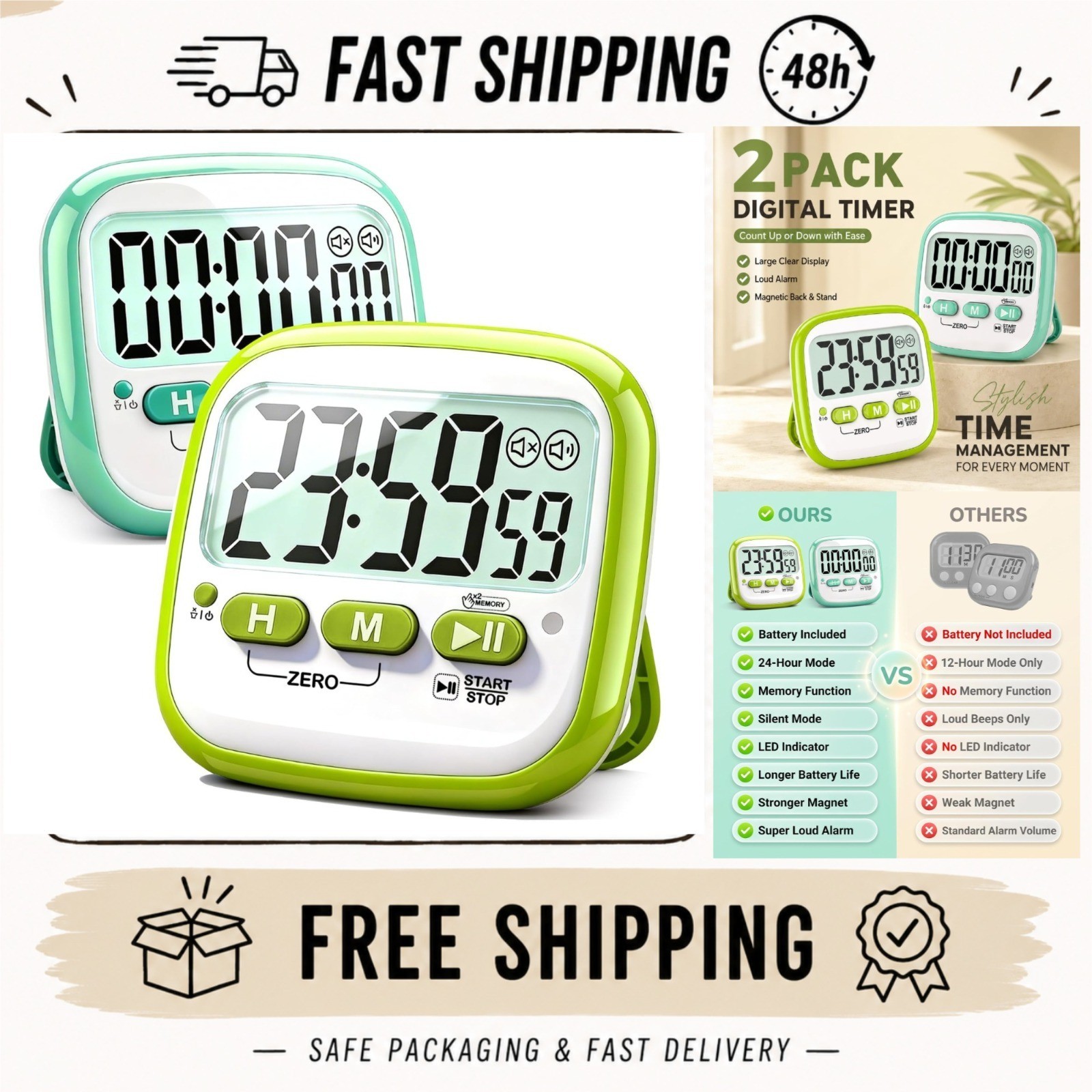 Antonki 2 Pack Digital Kitchen Timer - Magnetic Countdown Timer for Kids