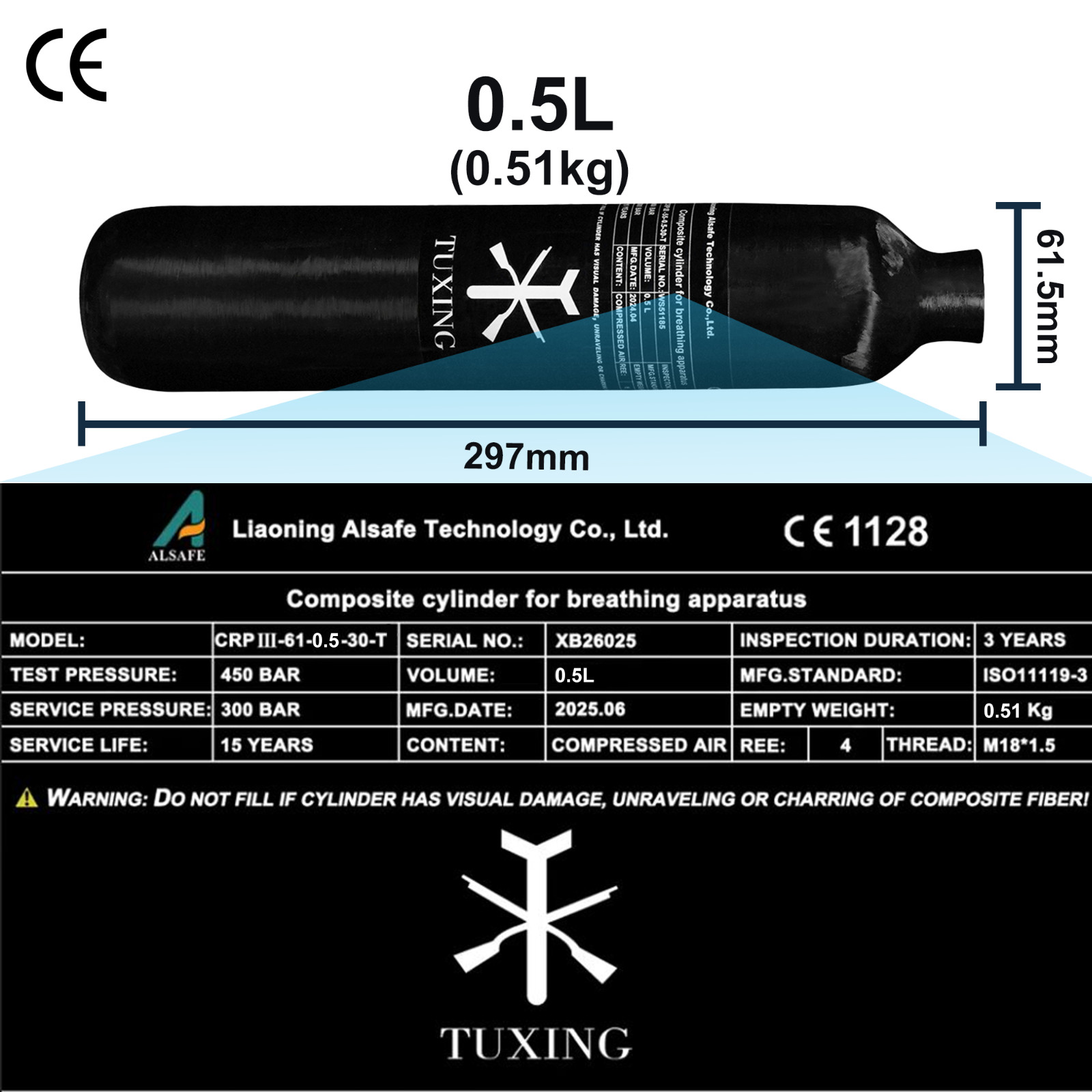 TUXING 4500psi PCP Air Tank,0.5L PCP Carbon Fiber Scuba Cylinder Paintball Tank