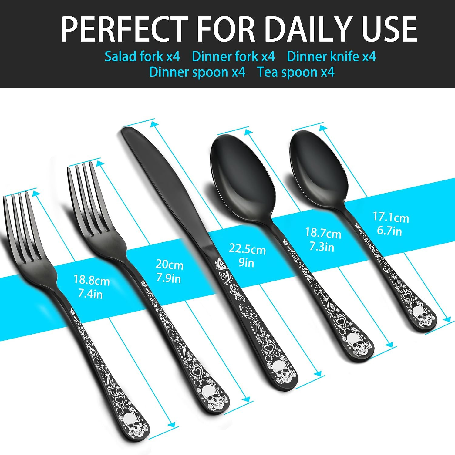 Skull Black Silverware Set for 4, 20-Piece Black Flatware Set, Gothic Skeleton C