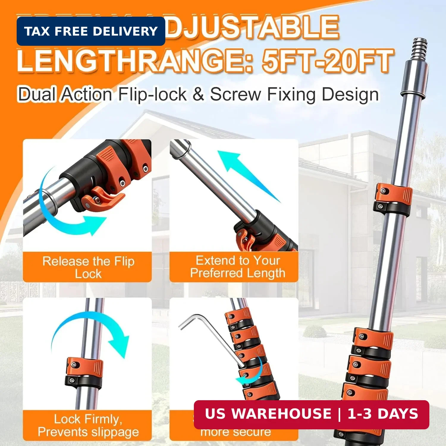 30FT High Window Cleaning Kit, 5-24 FT Telescoping Extension Pole with Dual Acti