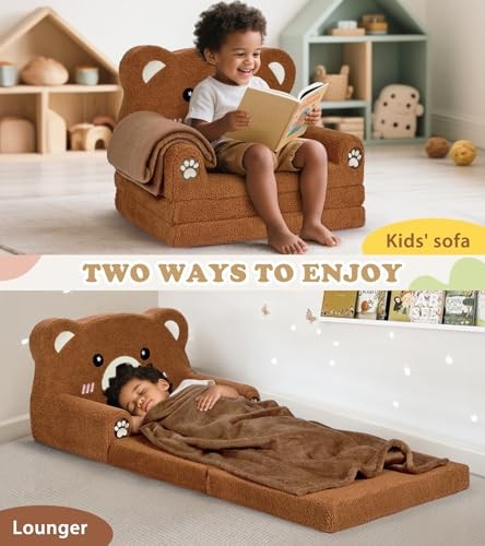 Kids Couch, 2-in-1 Soft Toddler Couch Fold Out with Blanket, Chair Comfy, Bear