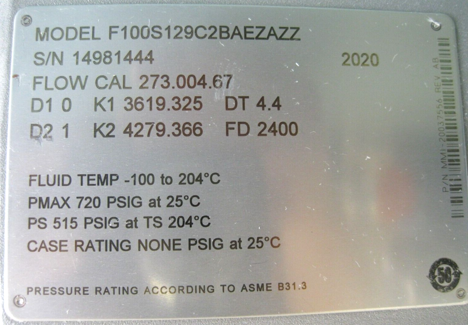 1" 300# Micro Motion F100 S129C2BAEZAZZ Sensor 800 Core Processor 2020 CAL. E18