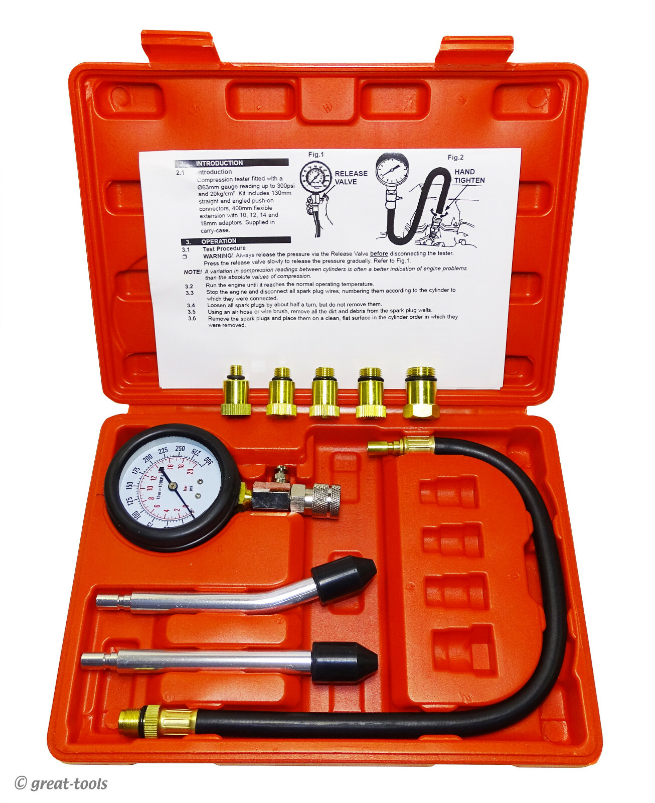 COMPRESSION TESTER TOOL – 5 threaded spark plug adapters – automotive tools