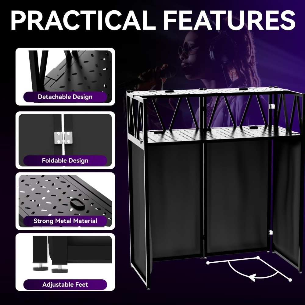 Portable Folding 2-Tier DJ Booth Table with Adjustable Feet Cable Management &