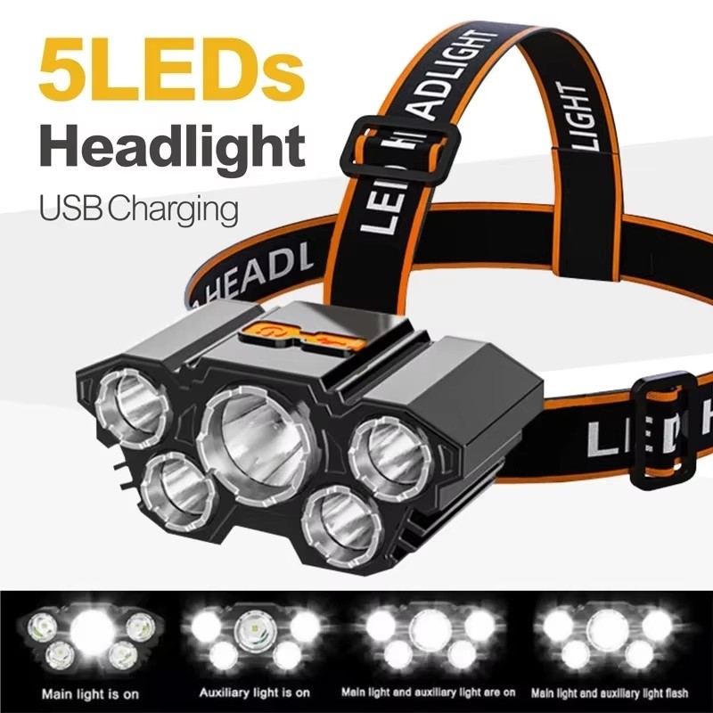 Rechargeable Headlamp 5 Led Head Lamp with 4 Modes, Waterproof Head Lights
