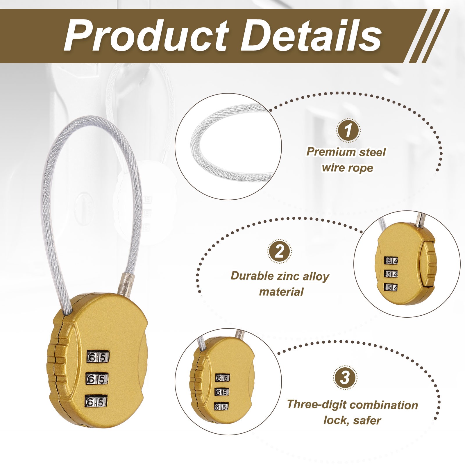 1-Pack Combination Padlock, 3 Digit Round Shaped Cable Luggage Lock [Gold]