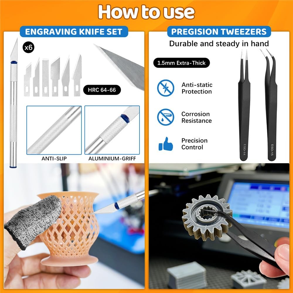 50pcs 3D Printer Tool Kit FDM SLA Nozzle Cleaning Scraper Deburring Files Case
