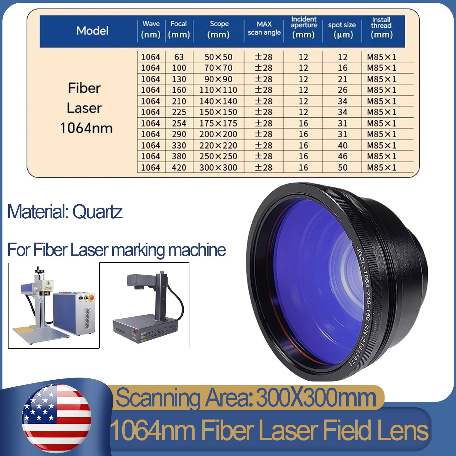 300mm Quartz Field Scan Lens M85 F-theta For 60W-300W Fiber Laser Marker Engrave