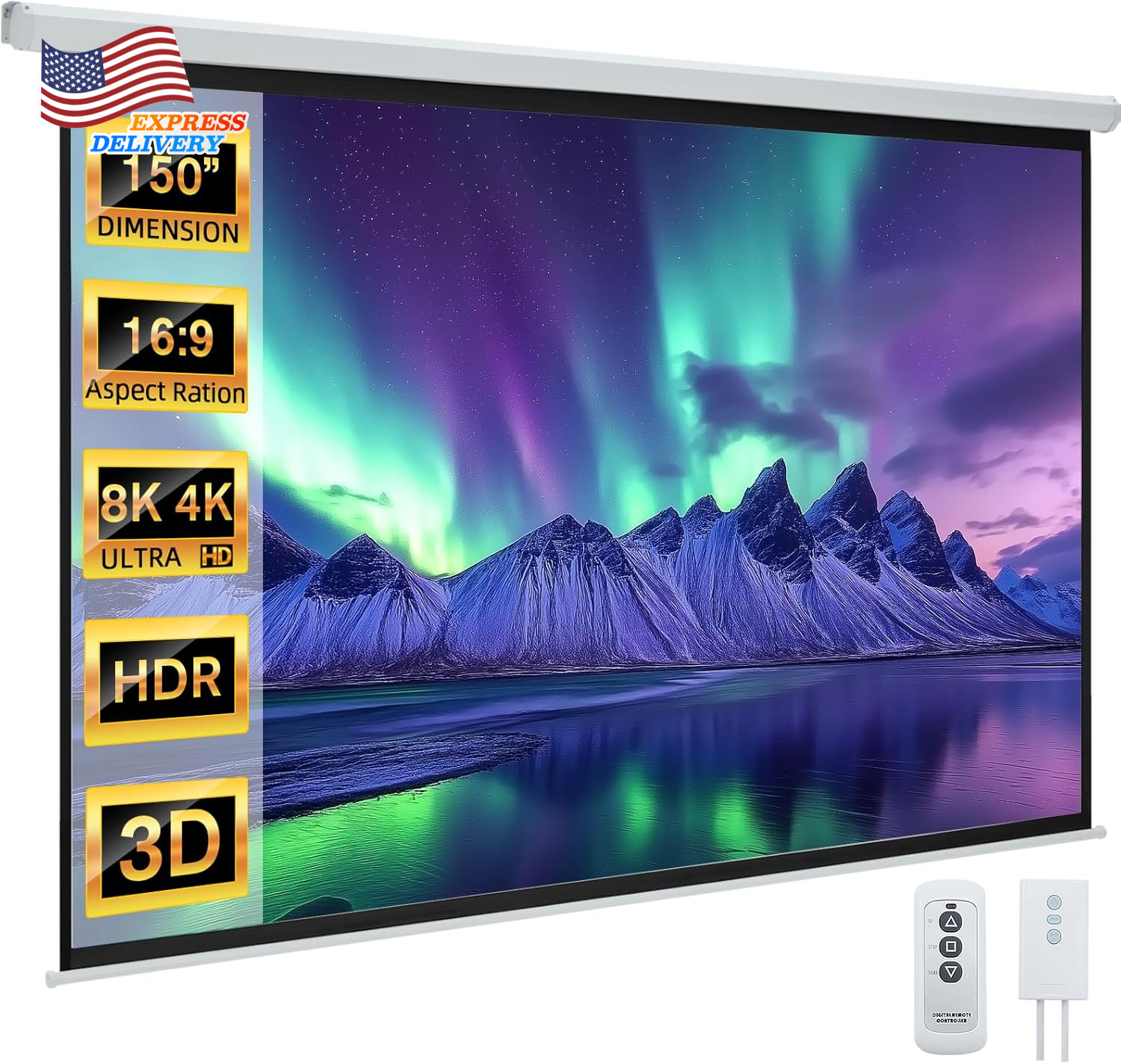 150" Projector Screen Motorized 16:9 4K HD Pull down Retractable Project Screen