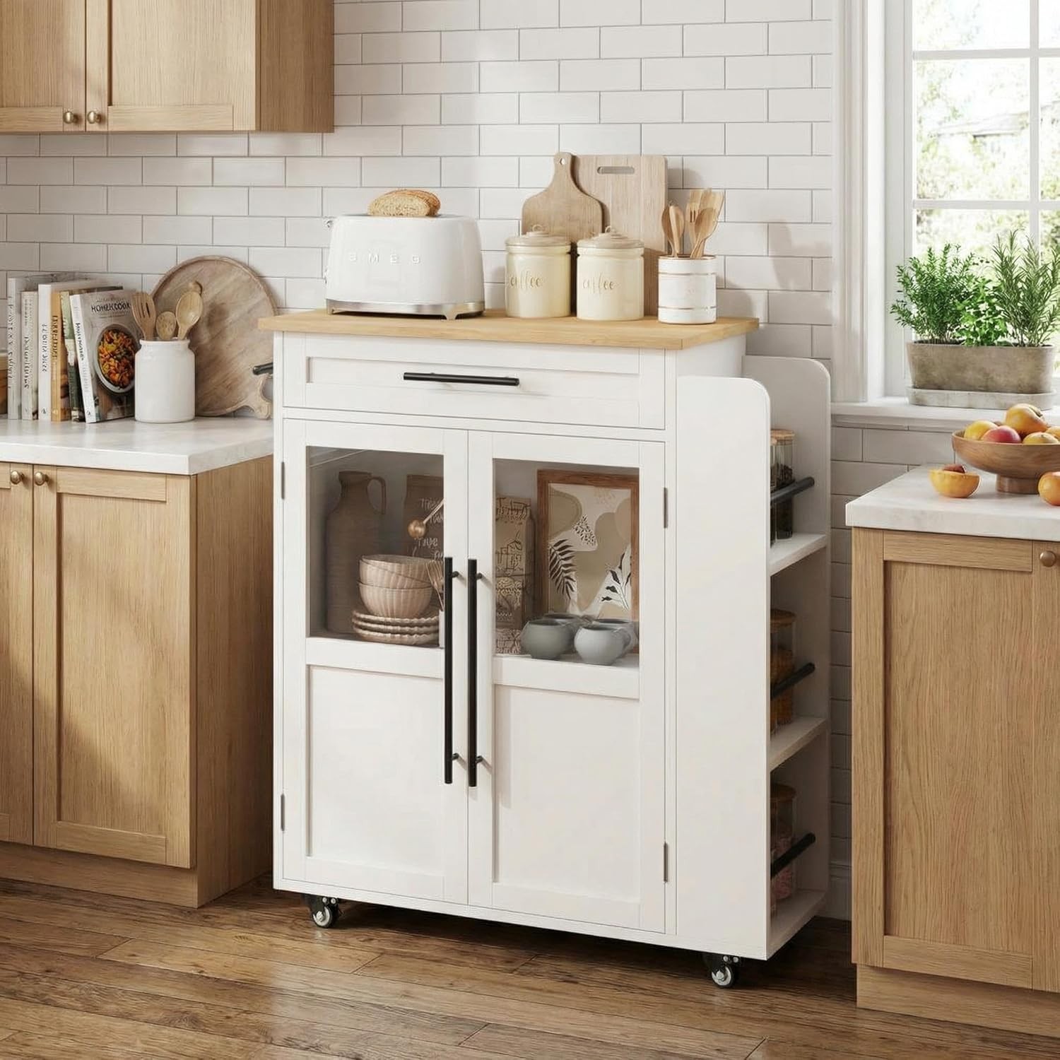 Kitchen Storage Island Cart with 360° Wheels, Drawers & Spice Rack for Serving