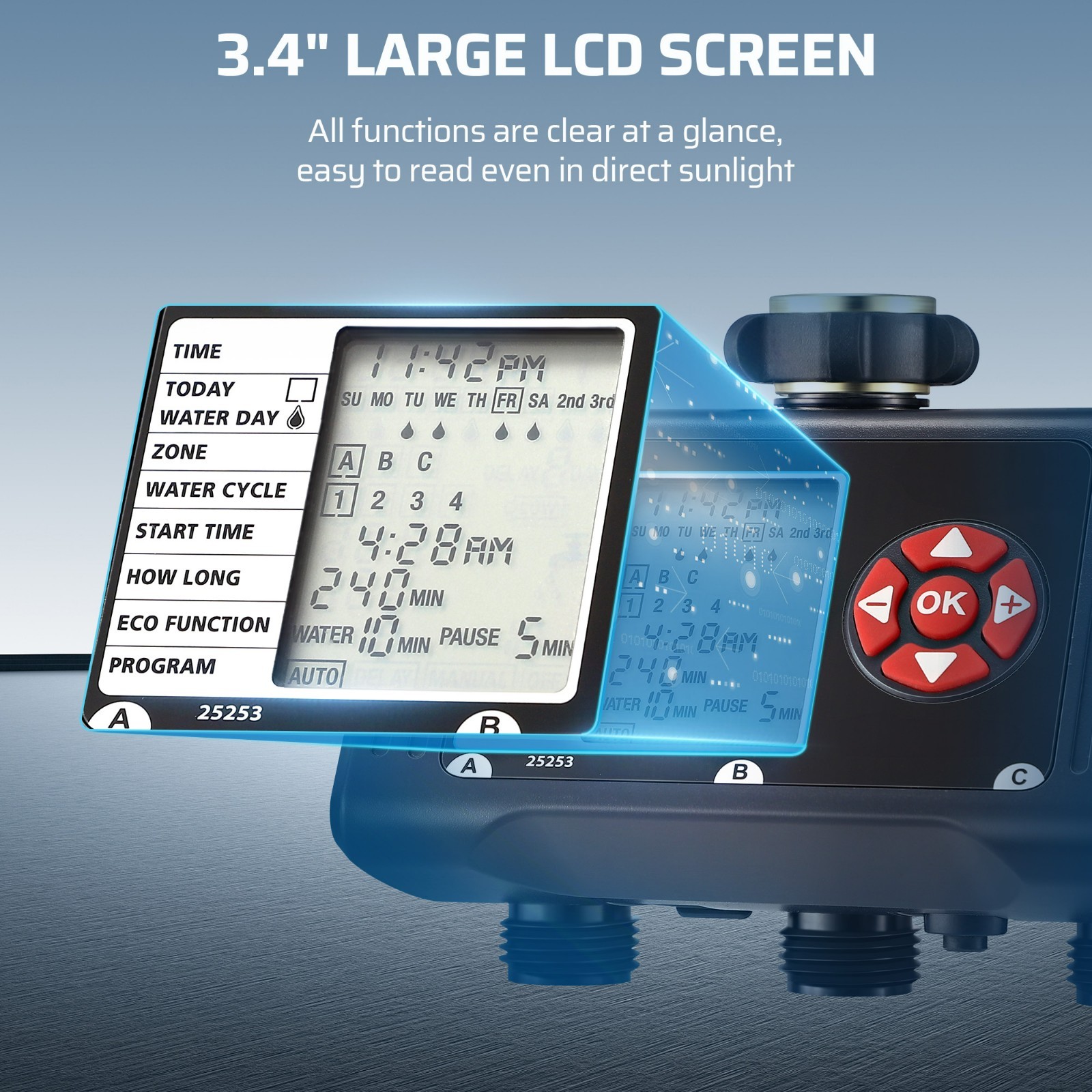 3 Zone Sprinkler Water Timer 4 Programs Rain Delay ECO Manual Mode Leakproof