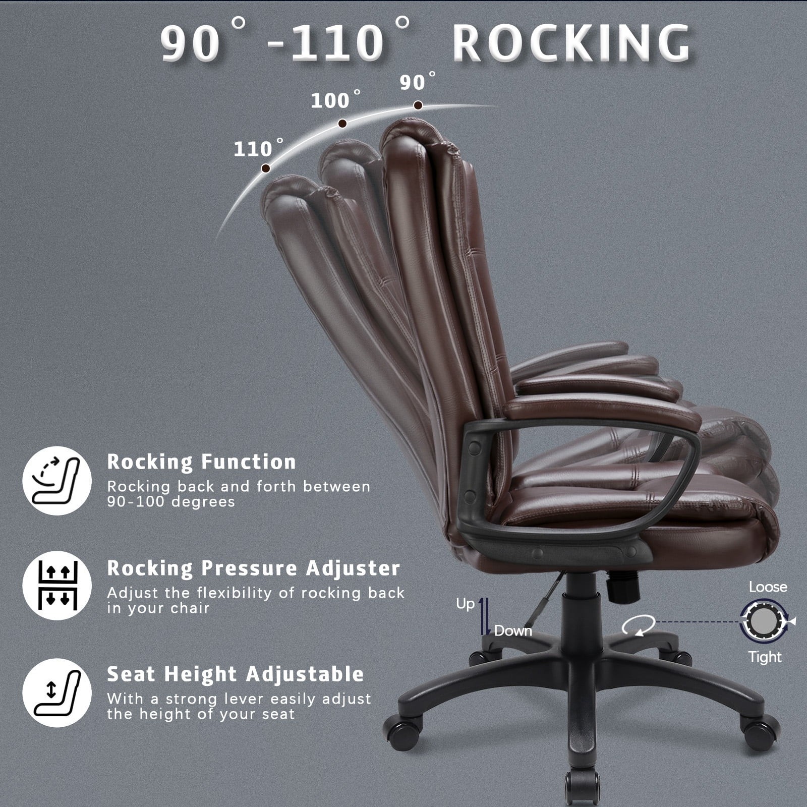 Heavy Duty Leather Office Rolling Computer Chair High Back Executive Desk Brown
