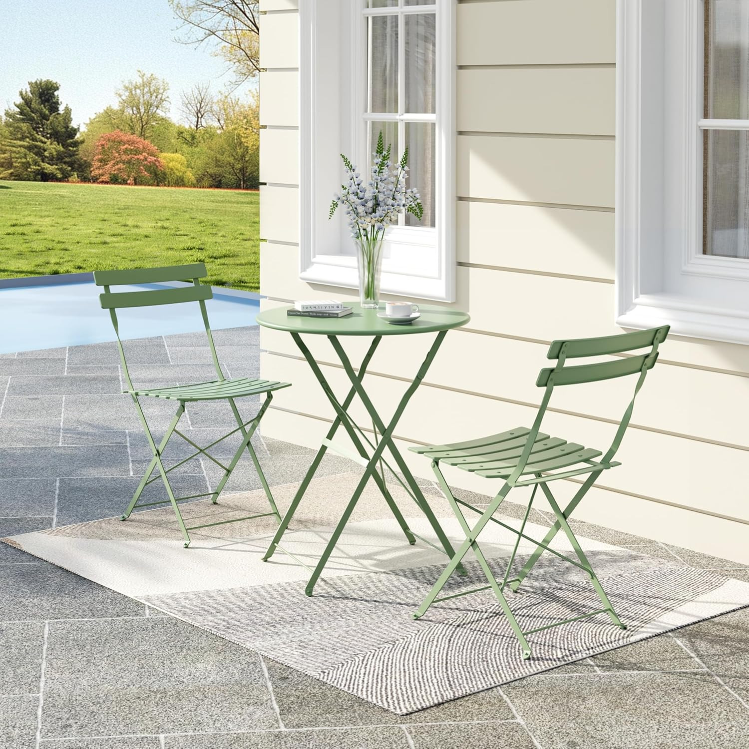3 Piece Bistro Folding Outdoor Furniture Set, Metal Frame Bistro Table and Chair
