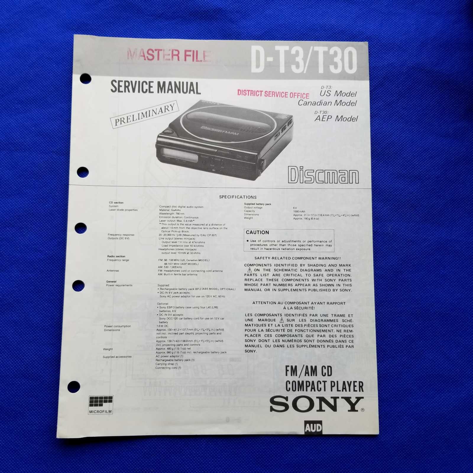 SONY D-T3 D-T30 Service Manual Original Paper OEM Repair Guide - USA