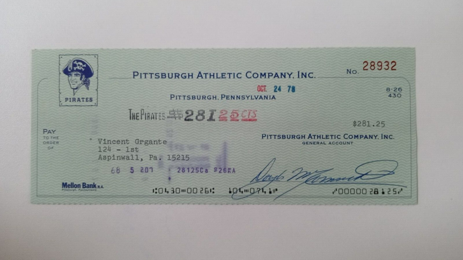 Vincent Grgante: 1978 Pittsburgh Pirates Expense Check