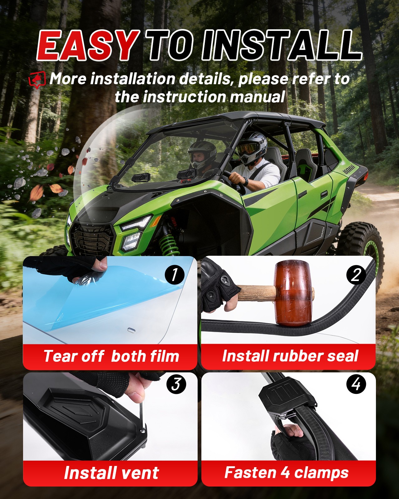 Front Window Vented Windshield Scratch-Resistant For Kawasaki Teryx 4 H2 2026