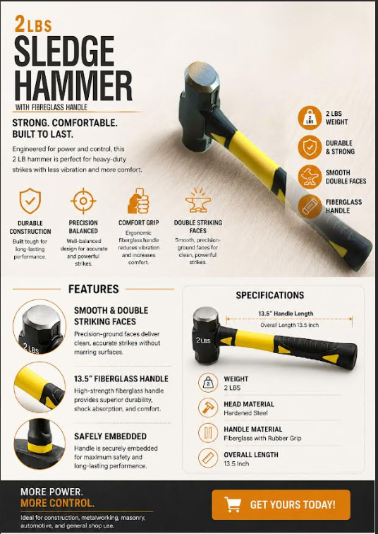 Heavy Duty 2 lb Sledge Hammer Fiberglass Handle Non-Slip Grip