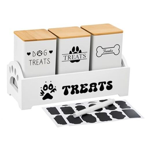 Dog Treat Container Set for Countertop Includes 3 Metal Treat Jars, 1 Food