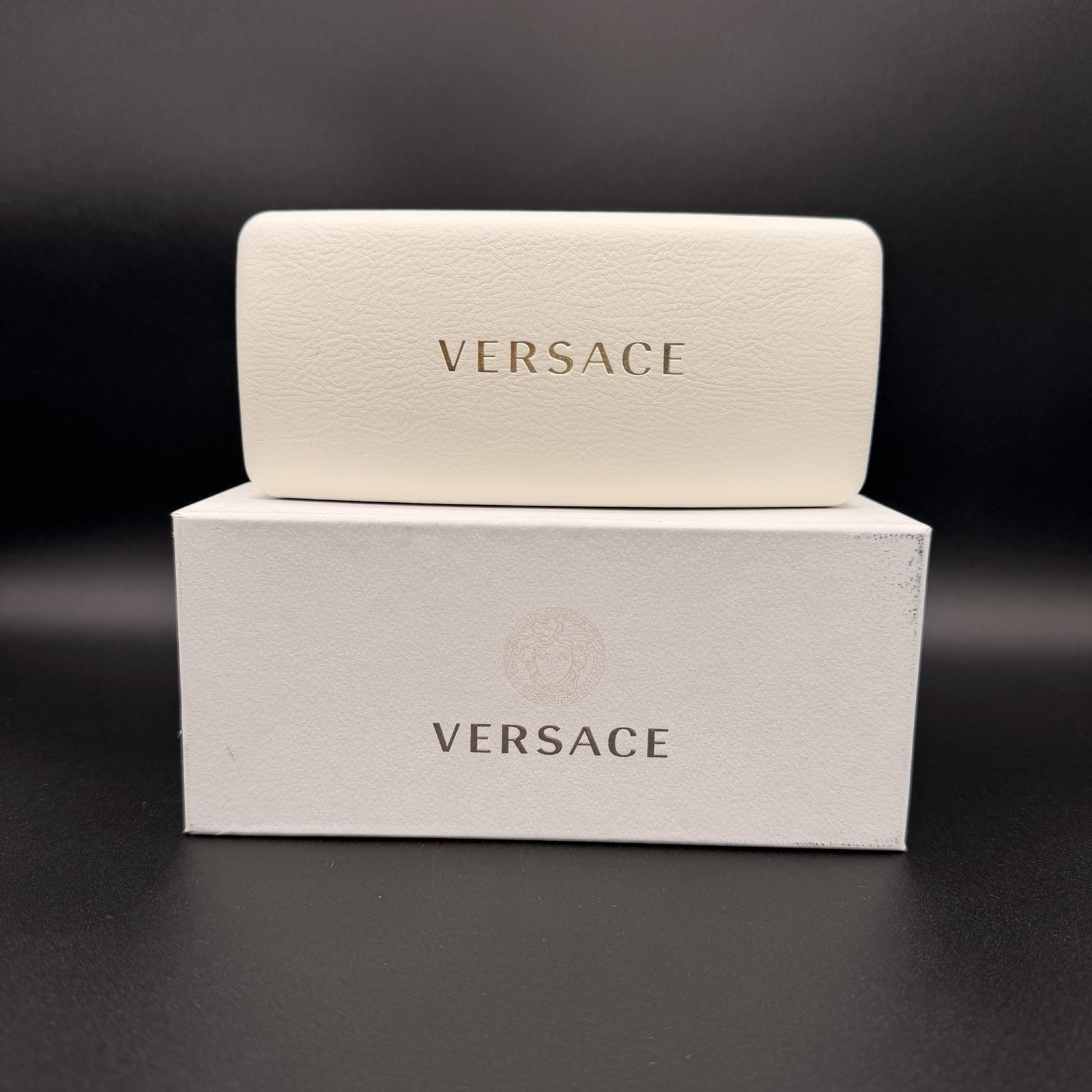 Versace White Leather Sunglasses Case Complete Set Box Cloth Card AUTHENTIC