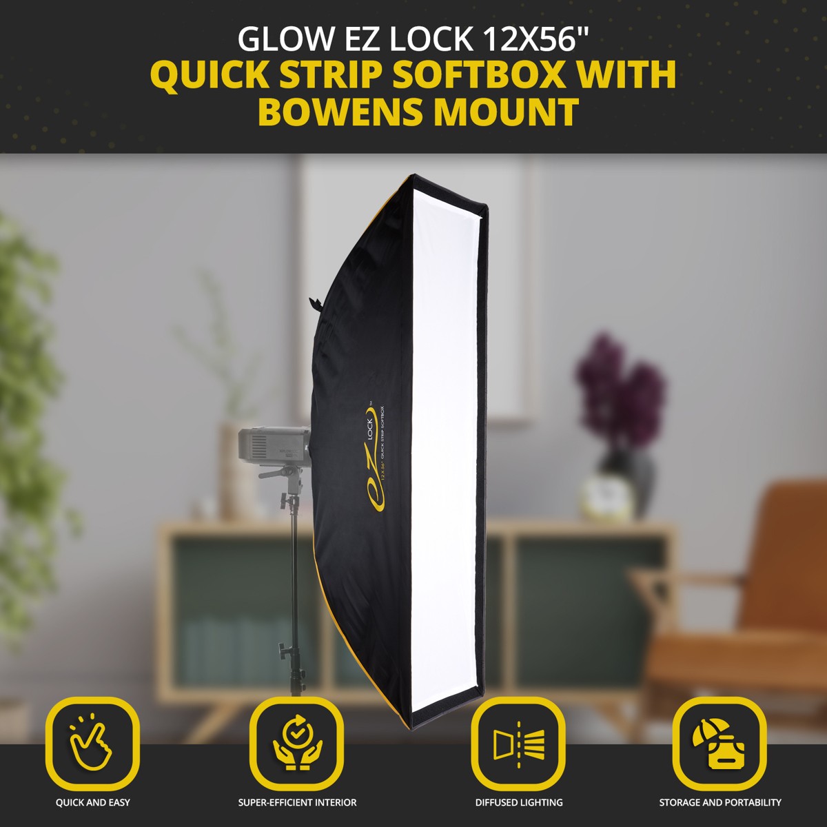 Glow EZ Lock 12x56" Quick Strip Rectangular Bowens Mount Softbox w/External, Int