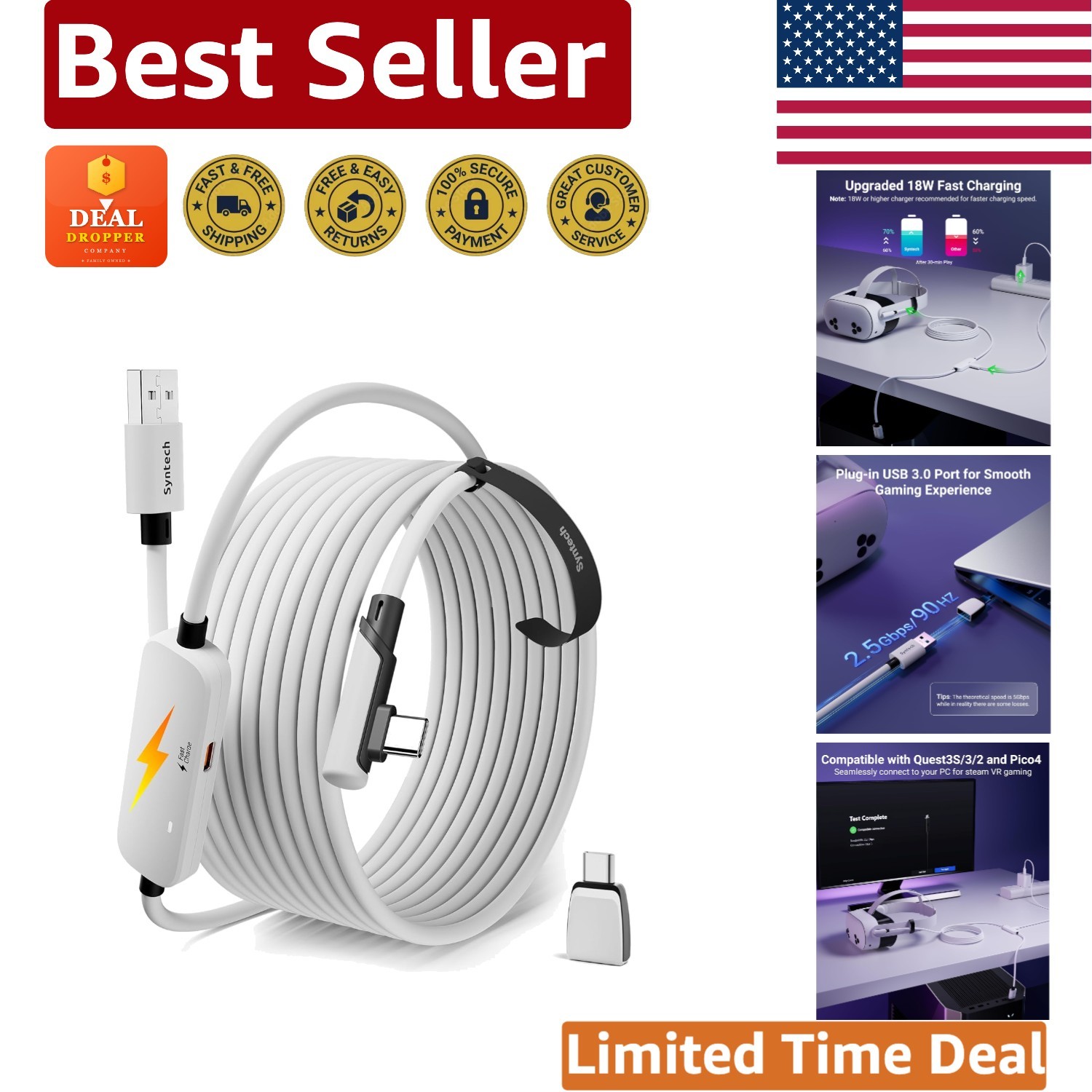 Next-Gen 16FT USB 3.0 Link Cable for Oculus/Meta Quest - Uninterrupted Gameplay