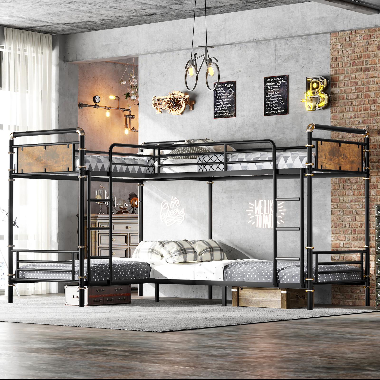 Modern Bunk Bed for 4 Kids Heavy Duty Metal Twin Bunk Bed Detachable Triple Beds