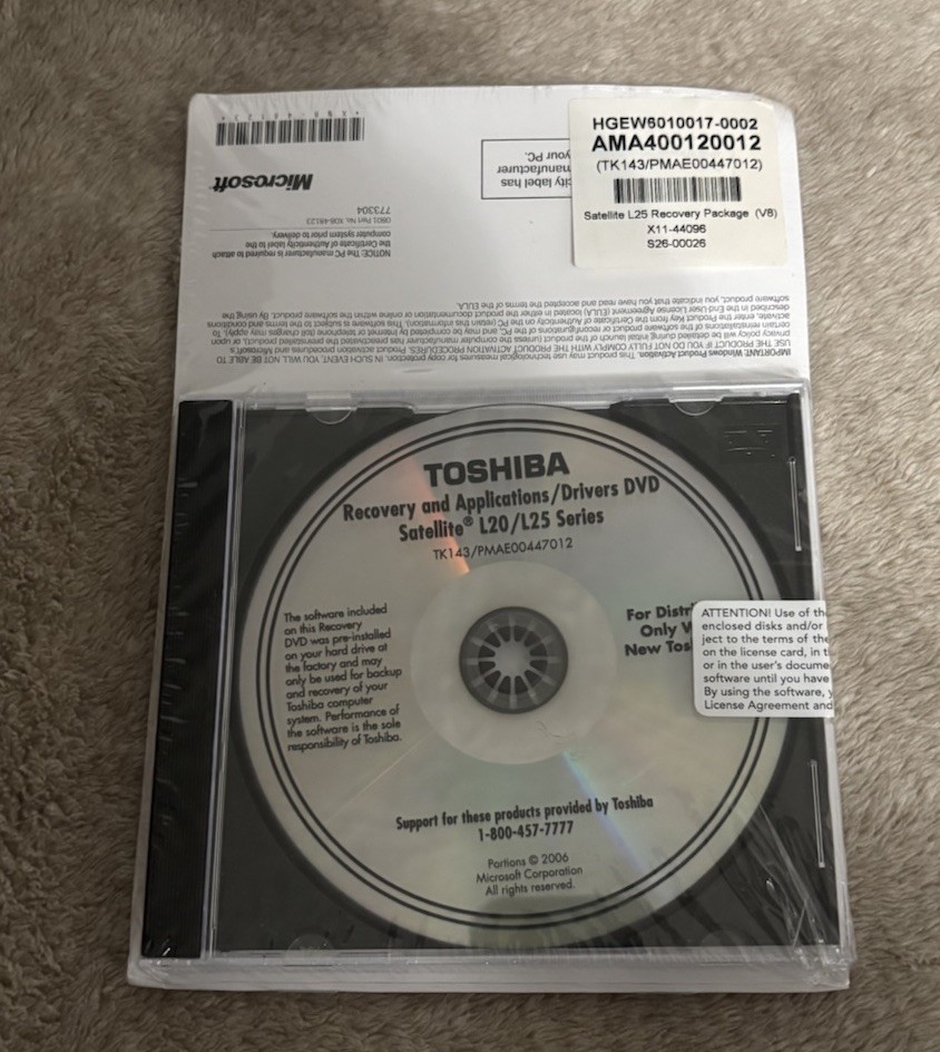 Toshiba Recovery and Applications Drivers DVD Satellite L20 L25 Series Disc 2005