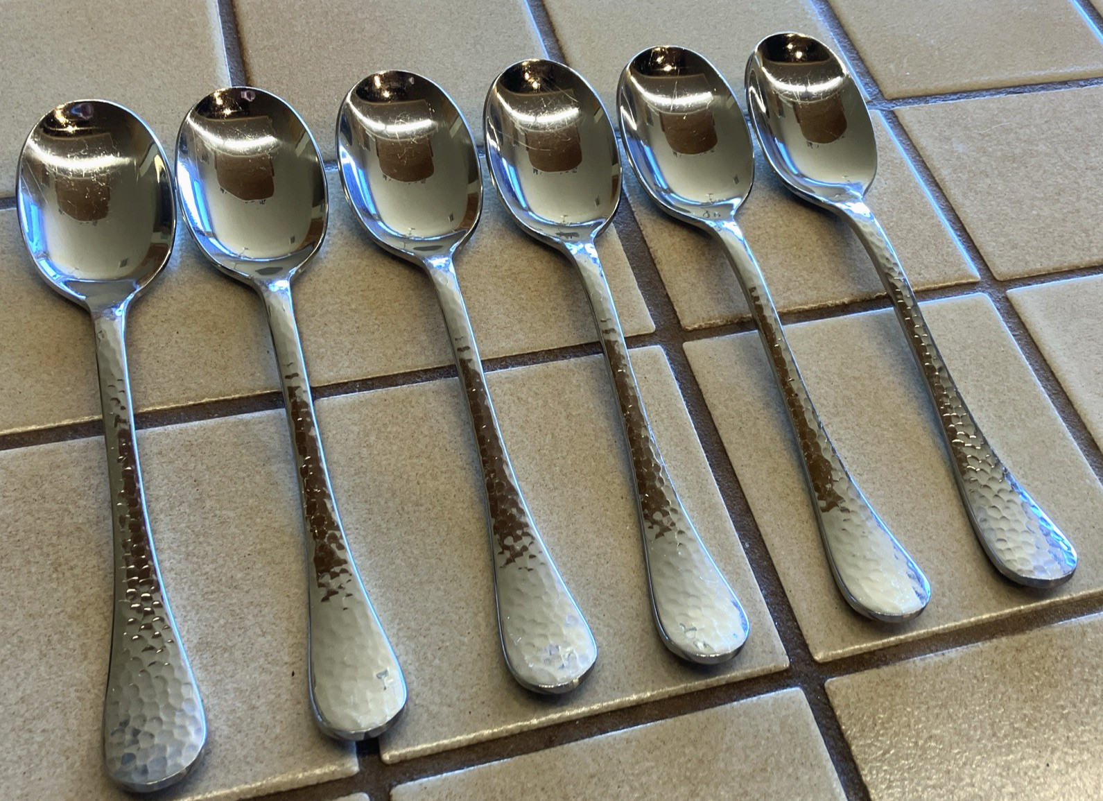 GINKGO LAFAYETTE GLOSSY HAMMERED STAINLESS SET OF 6 OVAL SOUP TABLESPOONS 7-5/8"