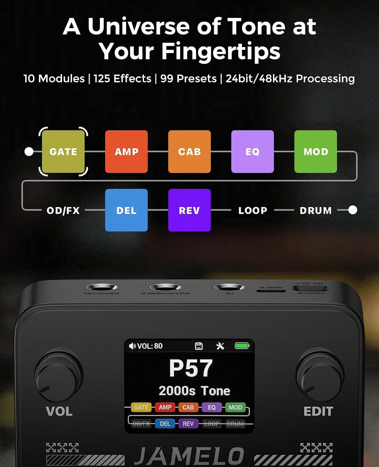 Pocket Guitar Multi Effects Pedal, with 125 Effects, 99 Presets, 30 Amp Modeling
