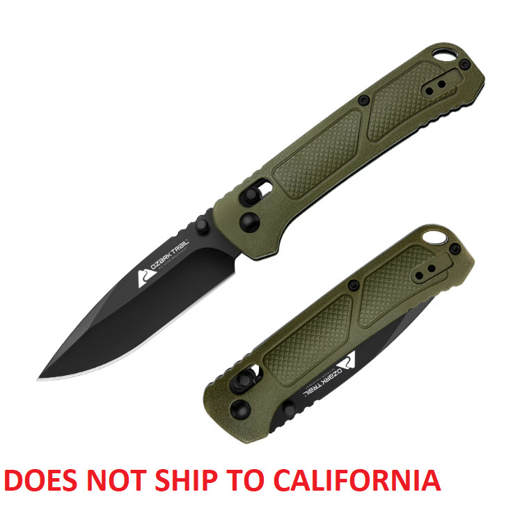 Ozark Trail 7.5 inch Folding Knife,D2 Blade,Ball Bearing,OD Green Handle, Slide