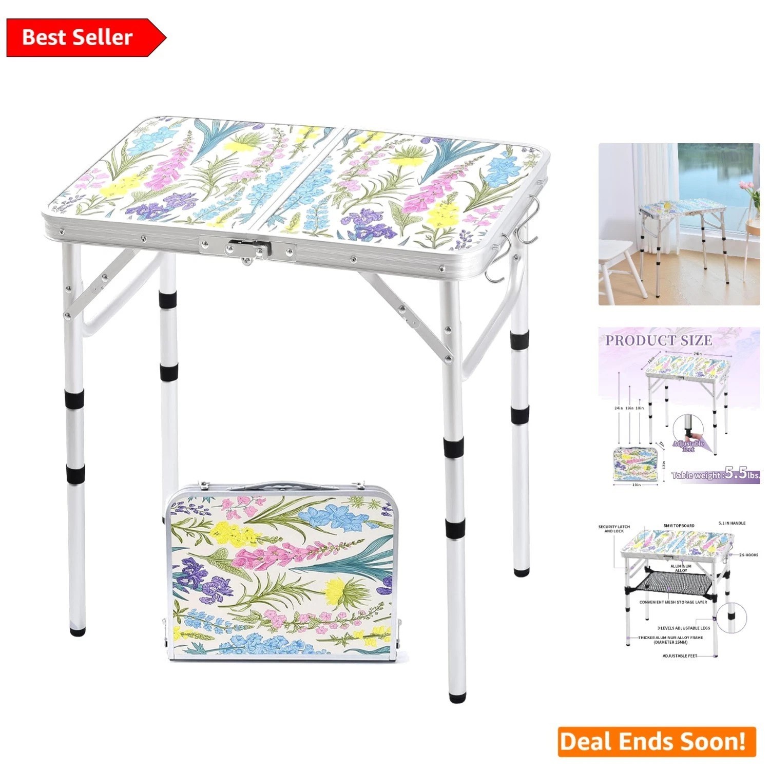 Floral Folding Camping Table - 2ft Portable, Adjustable Heights for Outdoor Fun