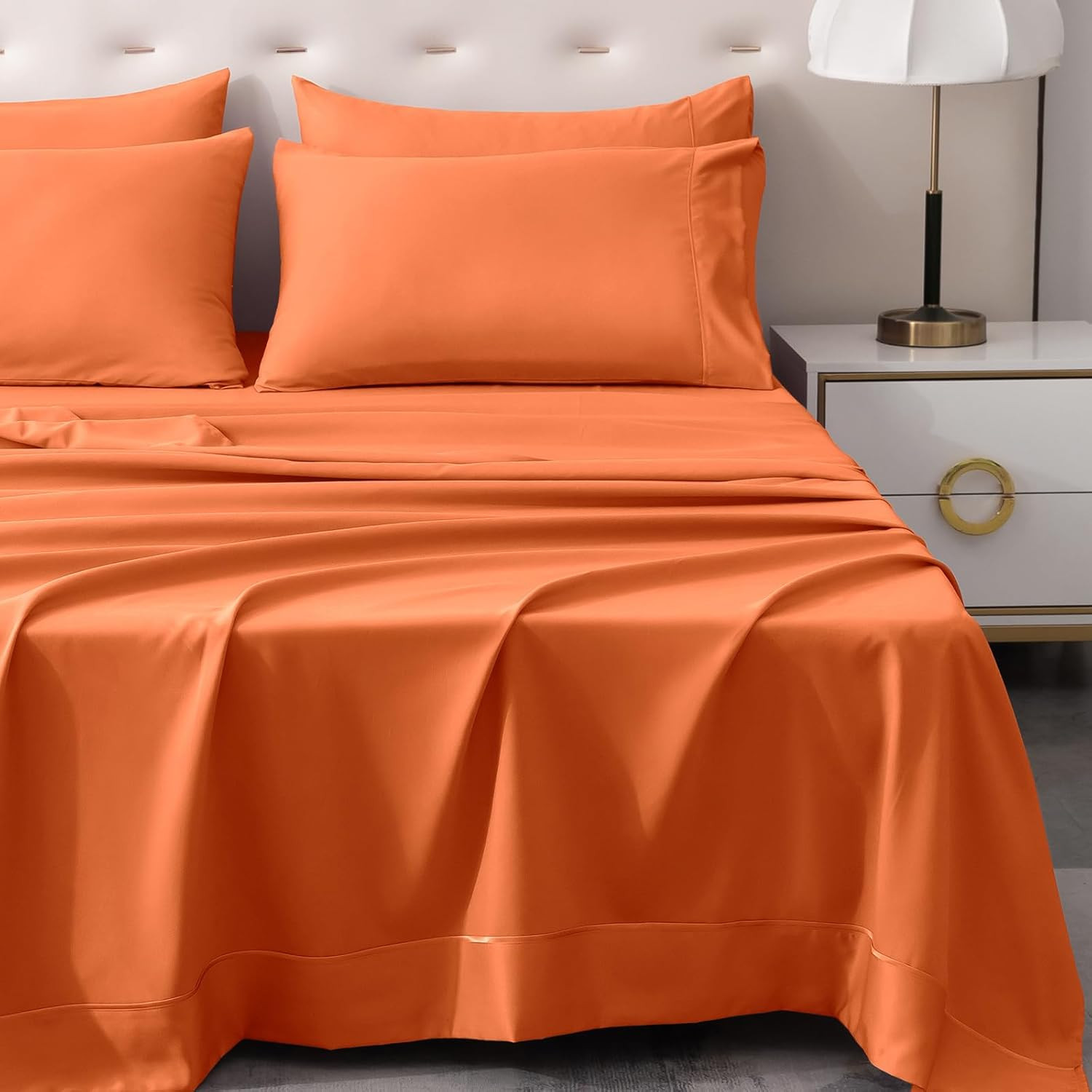 6 Pcs Pumpkin Orange Queen Bed Sheets, Queen Size Sheet Set Deep Pocket Fit for