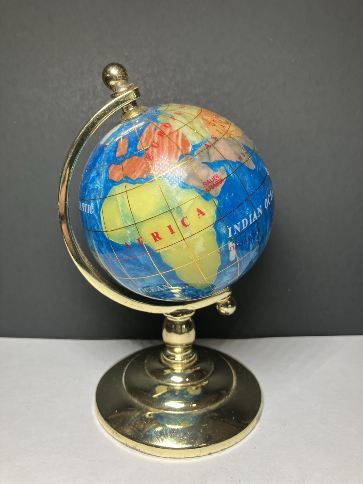 Vintage Inlaid Gemstone Globe World Map Semi Precious Stones Desktop Globe 6" H