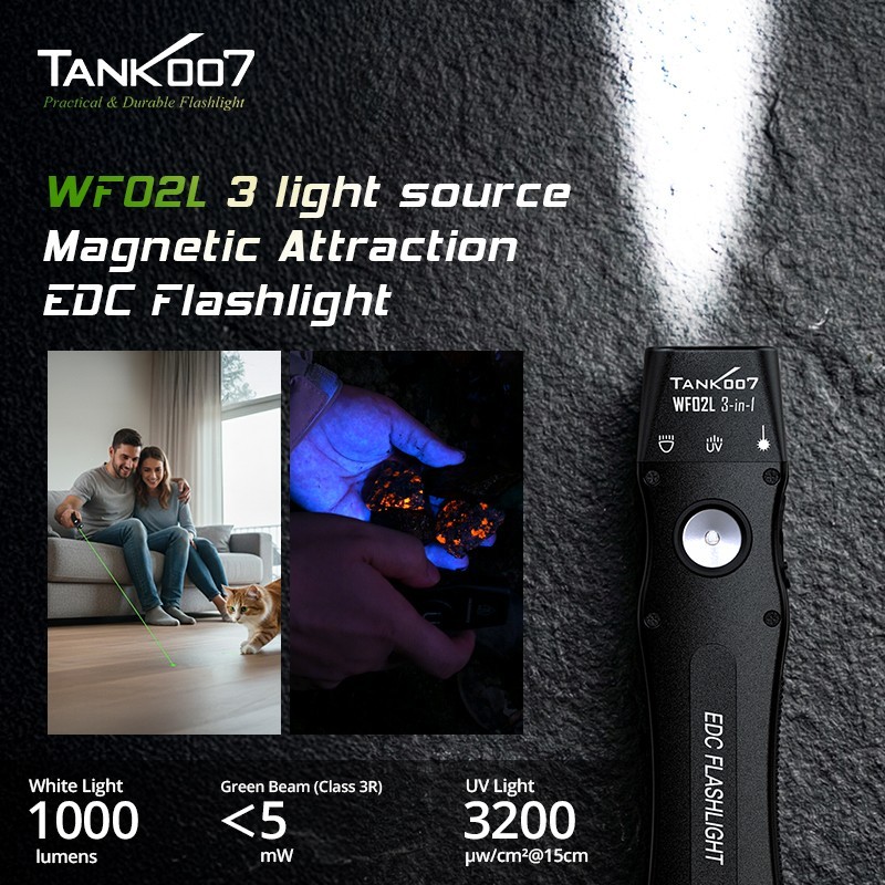 Rechargeable Flat EDC Flashlight 1000 Lumens Tactical Flashlight with UV Light