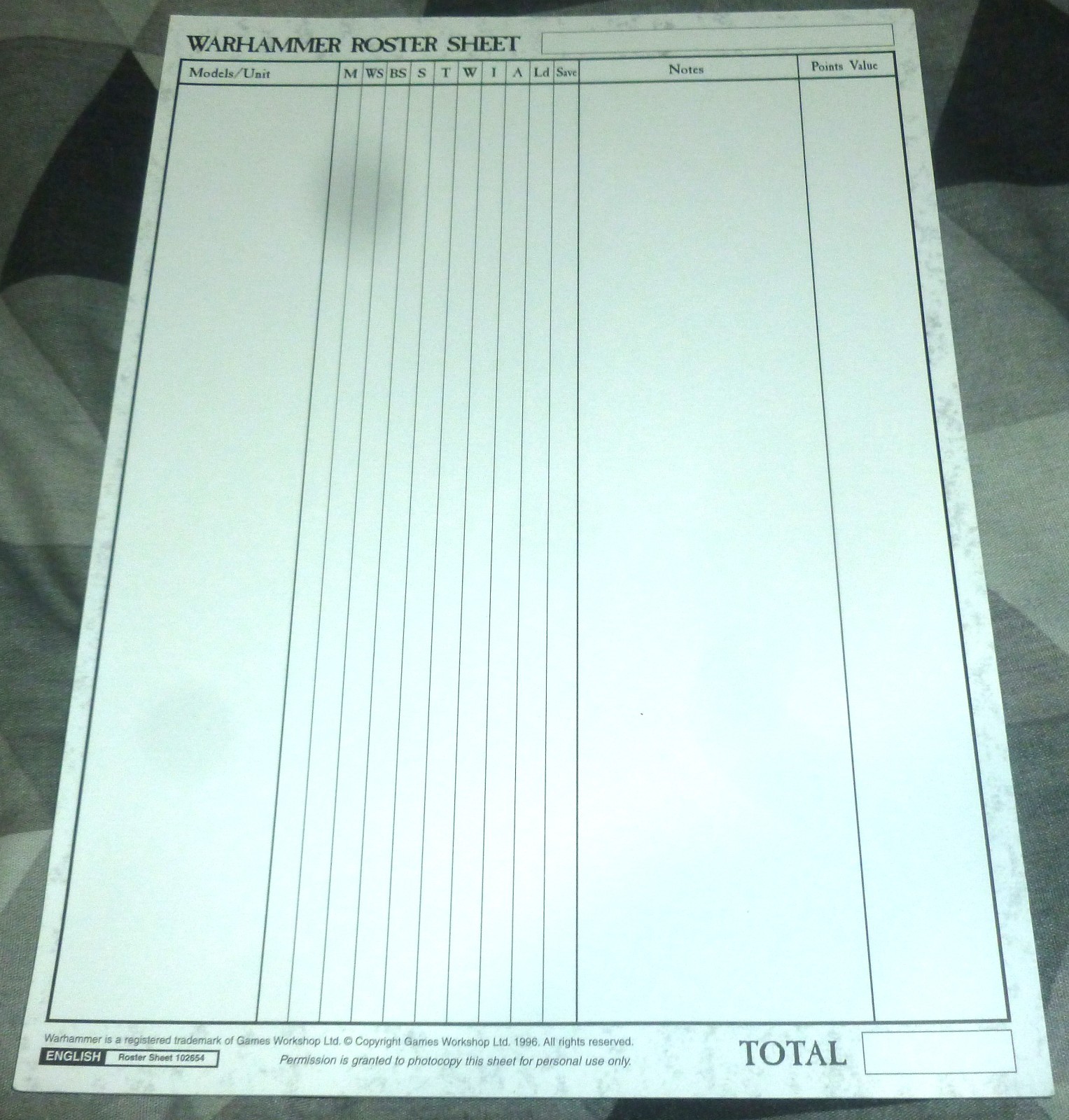 Warhammer Roster Sheet 1996 Detachment Sheet Pad Roughly 50 Promo Sheet