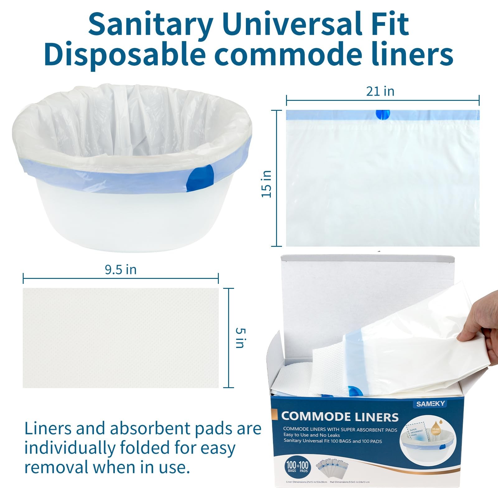 SAMEKY Commode Liners with Absorbent Pads | 1 Count (Pack of 100), White