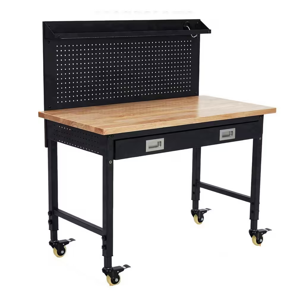 Heavy Duty 60 In. W X 22 In. D Black Steel Mobile Workbench with Rubberwood Top,