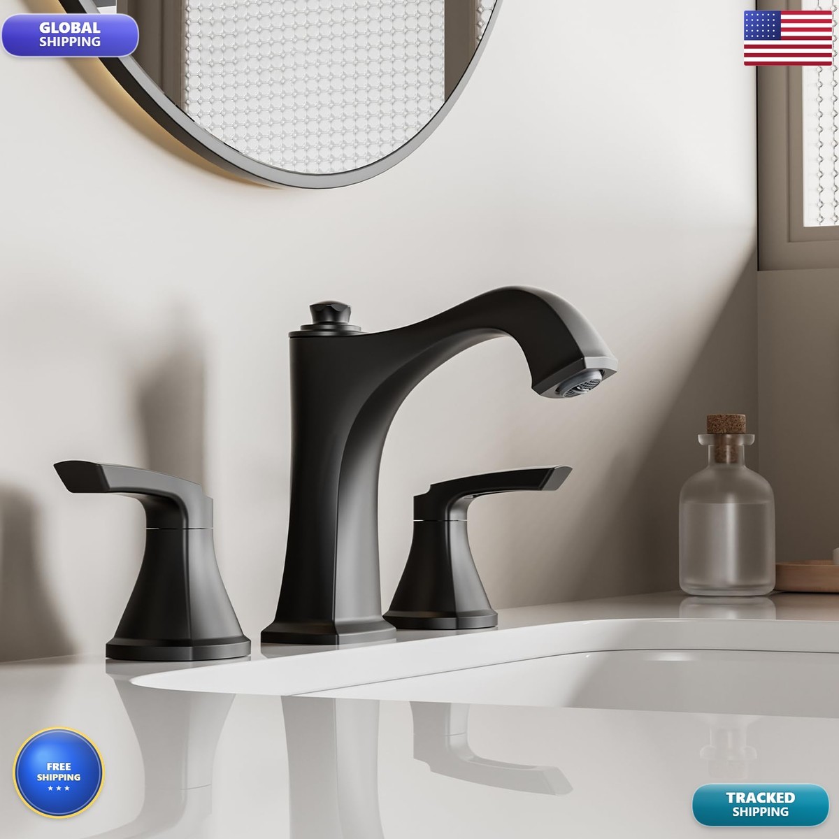Matte Black Bathroom Faucet 3 Hole, Sanliv Bathroom Sink Faucet Pop-Up Drain, 2