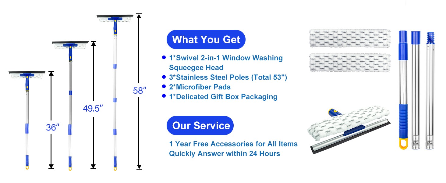 60" Window Squeegee Cleaner 2 in 1 Window Cleaning Tool Kit Window Washing Kit