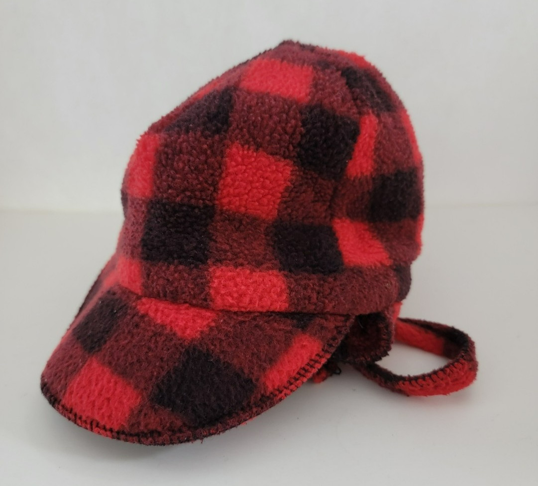 FUZZIES~ Plaid Trapper Hat Toddler SMALL  Buffalo Plaid Red & Black Fleece
