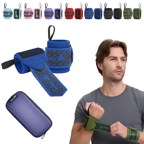 Professional Wrist Wraps, Heavy-Duty Support with Thumb Loop 18 Inch Pair Blue