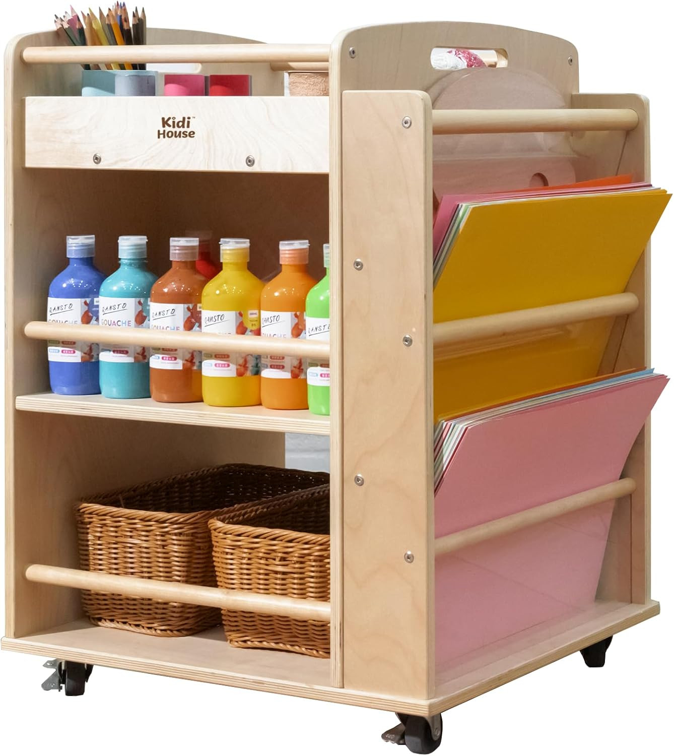 Rolling 3-Tier Wooden Art Cart for Kids - Multi-Functional Storage Organizer