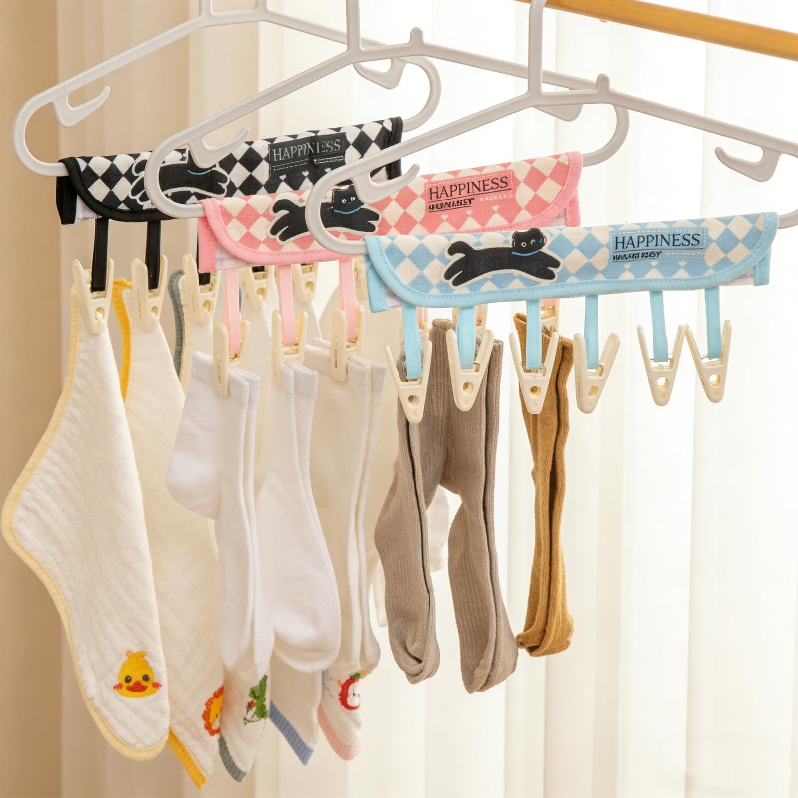 3 PCS Portable Fabric Foldable Travel Hanger Clothes Pin Rack With 6 Clips