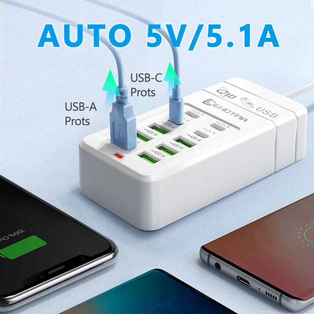 Multi-Port USB Charger Power Adapter – EU/UK/US Plug with Extension Cord