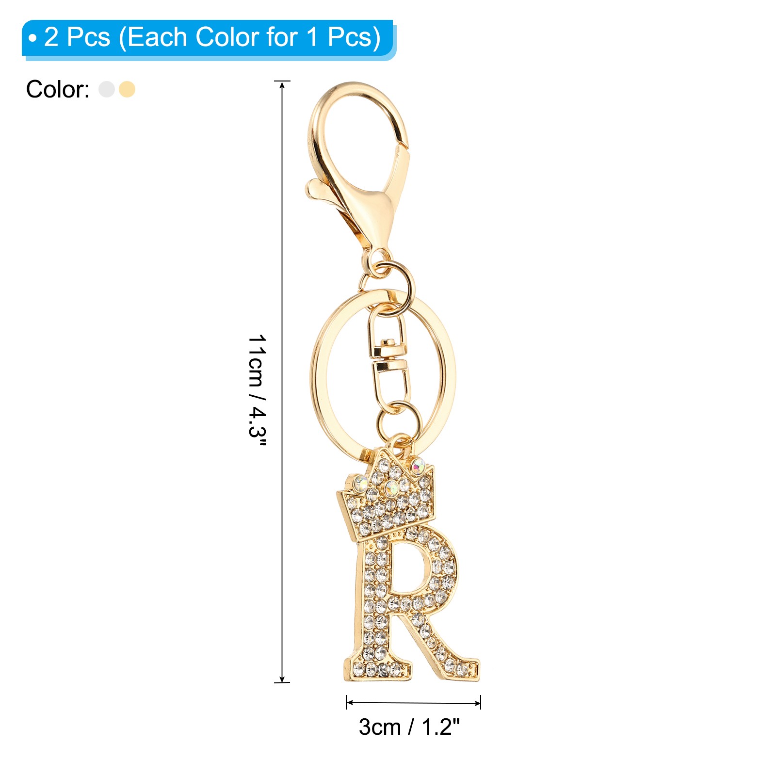 Initial Letter Keychain, 2 Pcs Letter R Crown Design Charm, Gold/Silver