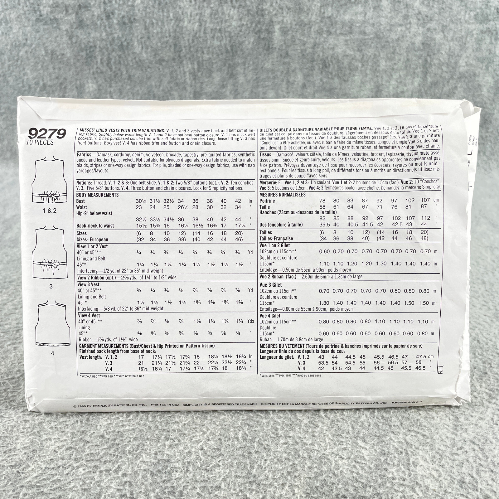 Simplicity 9279 Plus Size Lined Vests Misses Size 14 20 Sewing Pattern Easy