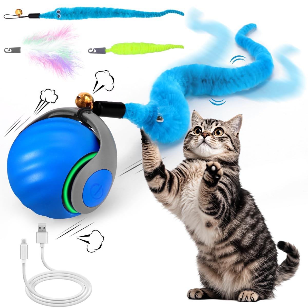 Interactive Cat Toy Ball - Speedy Cat Toys for Indoor Cats with Feather Tails fo