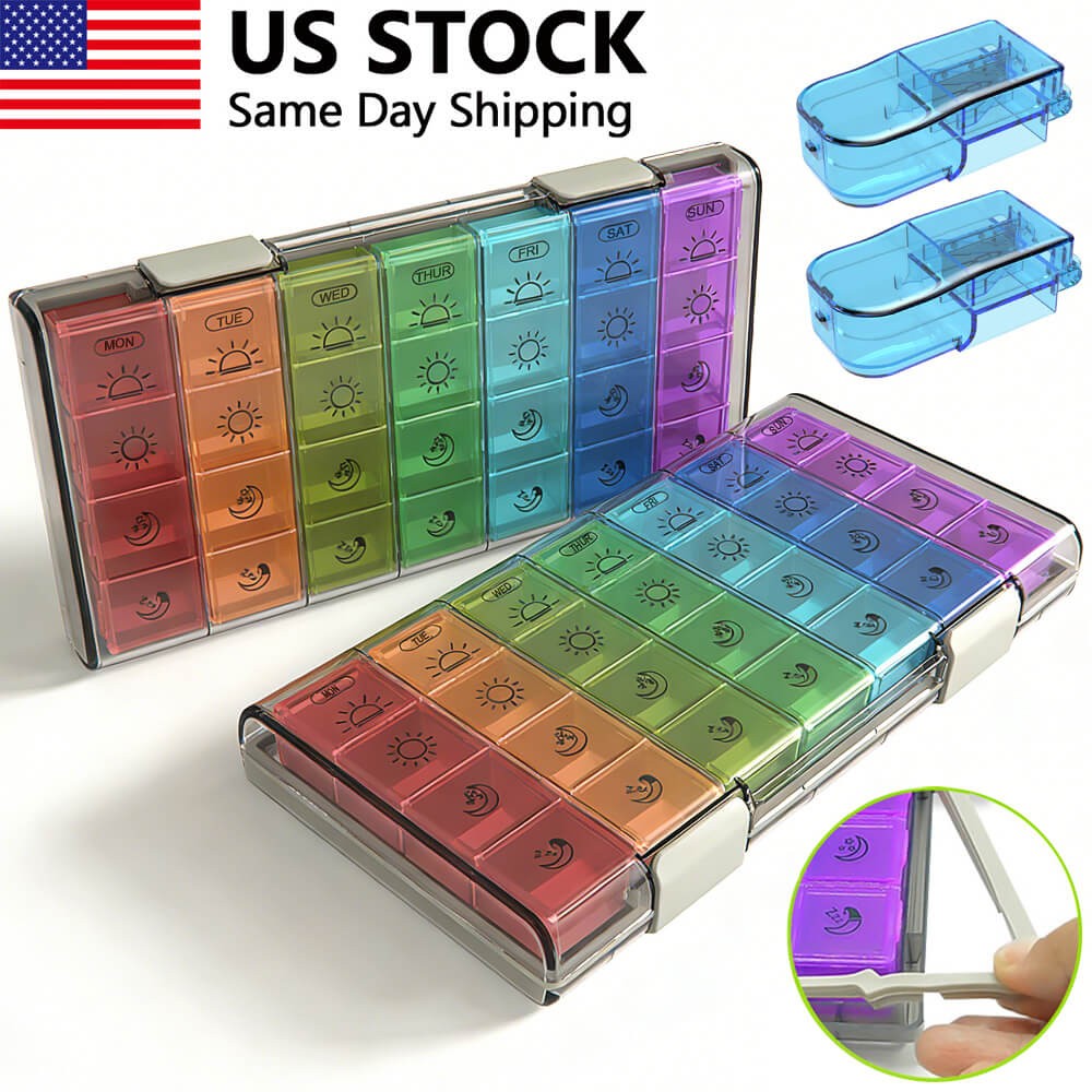 Weekly Pill Box Organizer 4 Times a Day Case Moisture-Proof 2Pill Box + 2Cutter