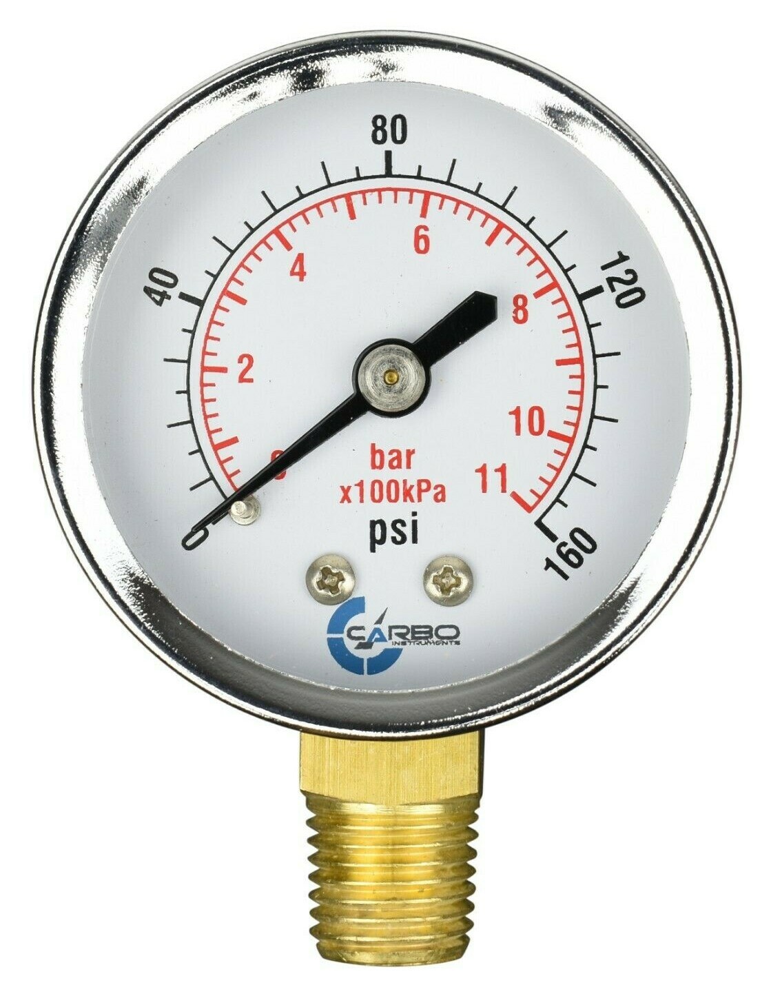2" Pressure Gauge - Chrome Plated Steel Case, 1/4" NPT, Lower Mnt. 160 PSI